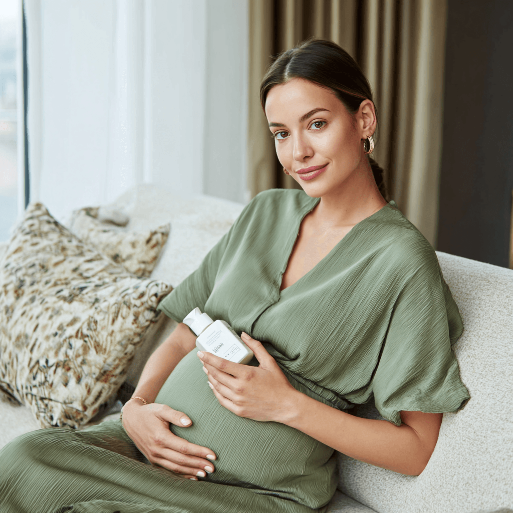 Hamile kadın kozmetik ürün içeriğini inceliyor